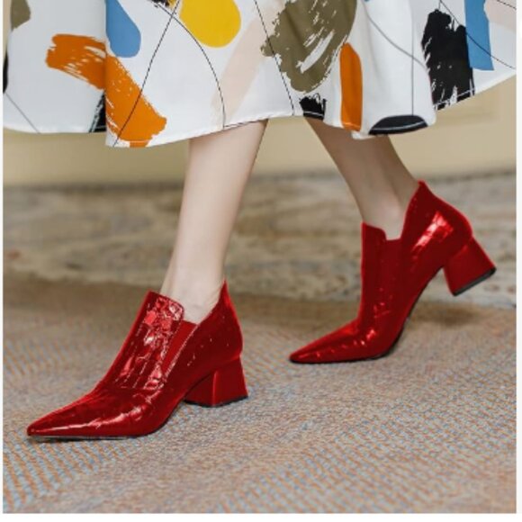 YDN Red Sexy Pointed Toe Ankle Boots Chunky Low Heel Boot Pull on Elastic Shoe - Picture 1 of 8